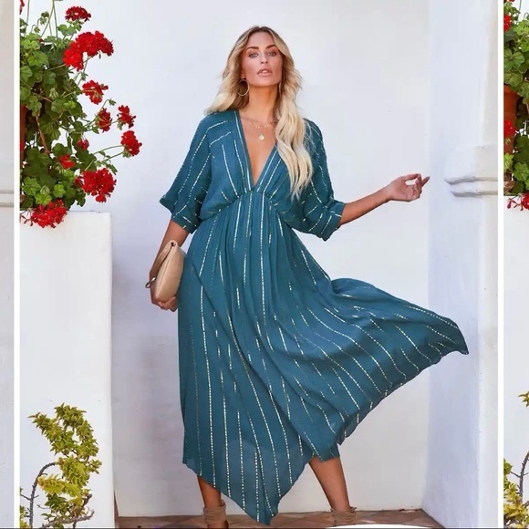 En Creme Dresses & Skirts - En Crème Sabrina Lurex Kimono Teal Maxi Dress with Silver Stripes -  M